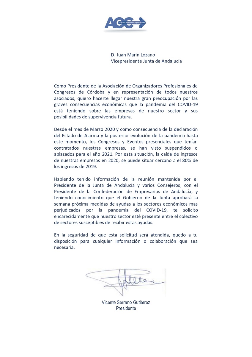 Carta de AOC Córdoba al Vicepresidente de la Junta de Andalucía